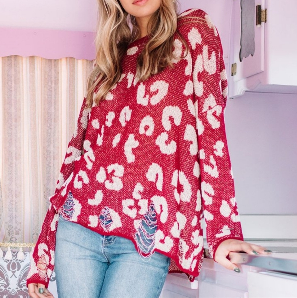 Magenta Pink & Ivory Sheer Leopard Distressed Sweater-Off Shoulder